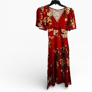 Velvet Torch Red Floral Midi Dress with Split, Size Small